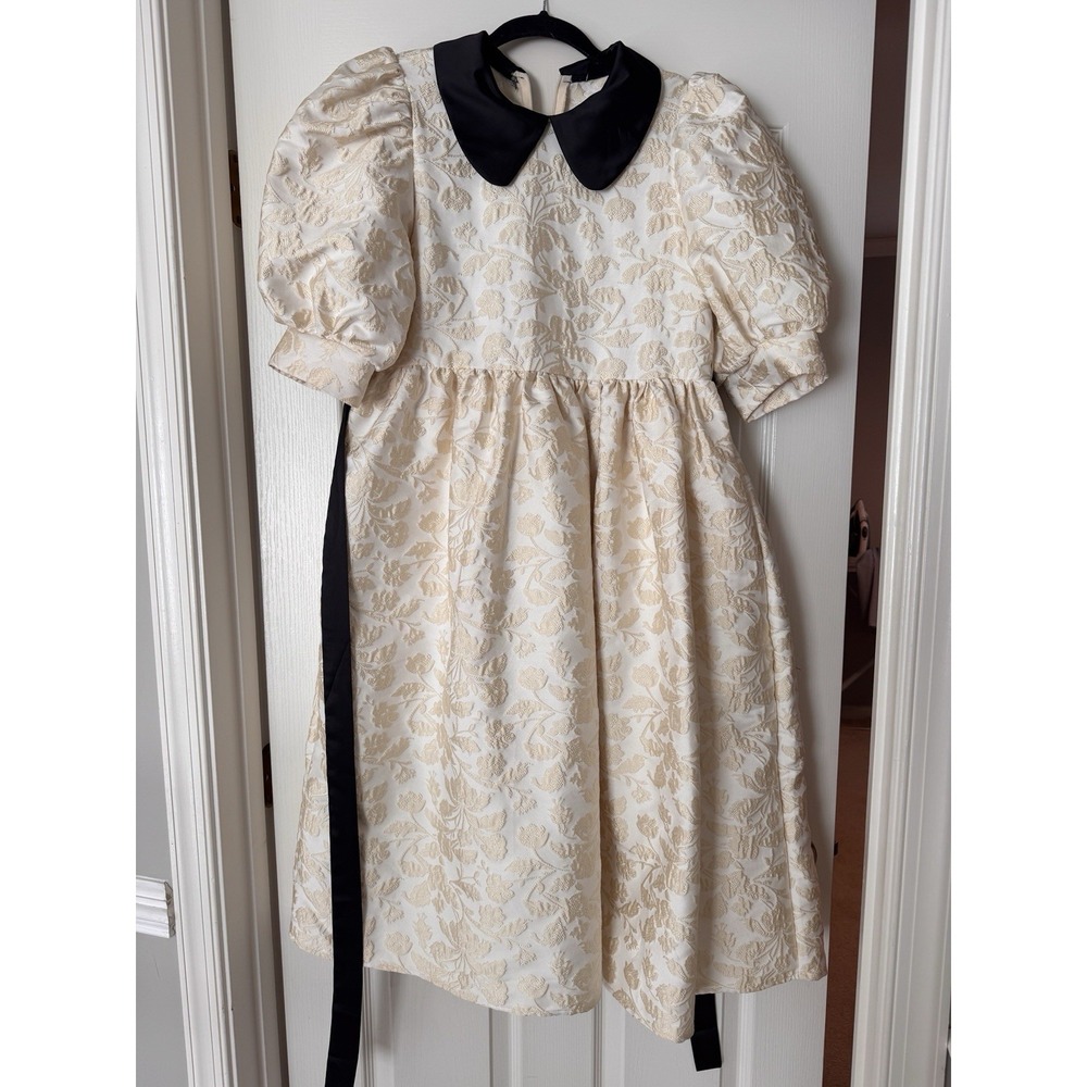 Sister Jane Jacquard Puff Sleeve Dress Black Satin Peter Pan Collar & Ribbon NWT - Picture 2 of 16